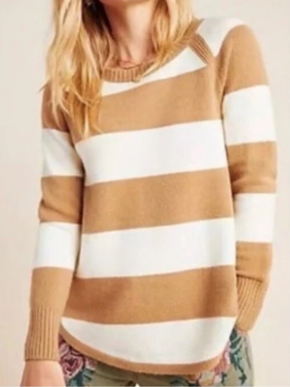 Anthropologie Preppy Academia Chunky Knit Sweater Tan Cream Striped Cozy Medium